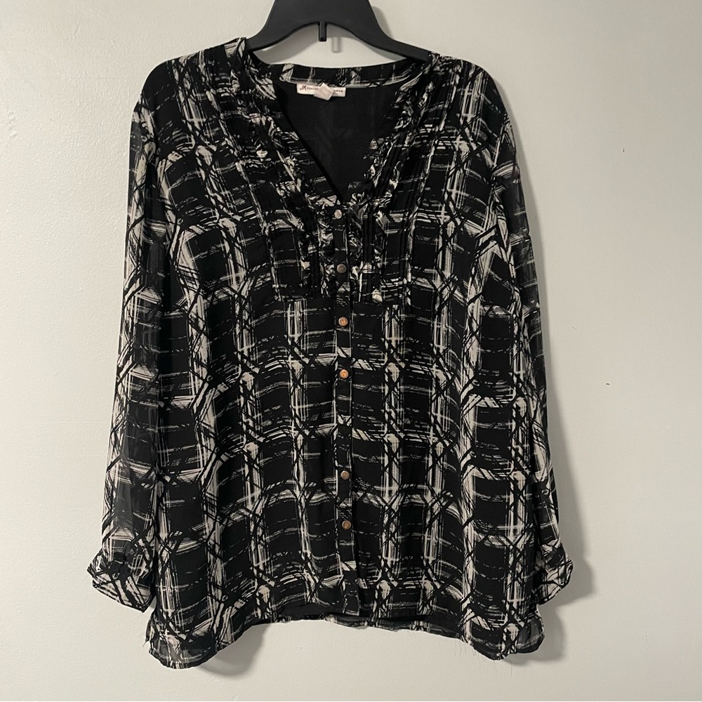 JM collection blouse MISSING‎ BUTTON black gray chiffon pintucked ruffle top 18W